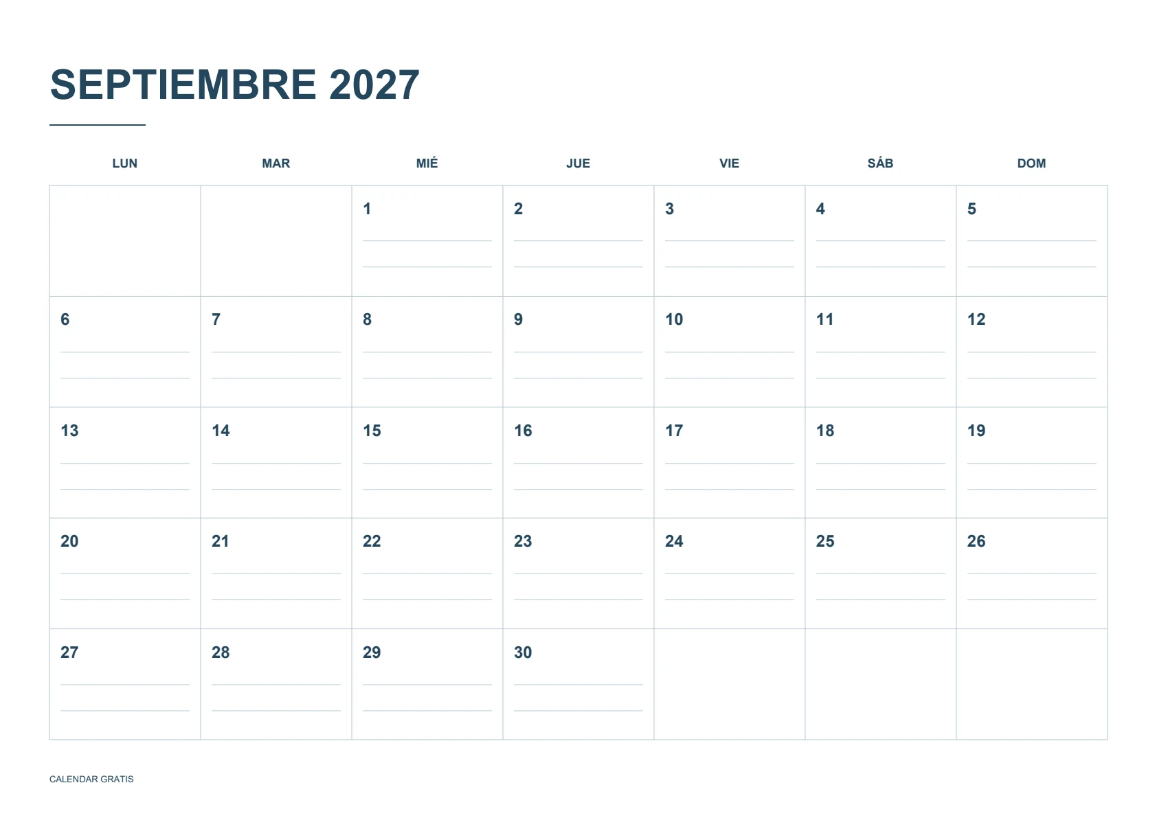 Calendario de septiembre de 2027, casillas con líneas, azul marino, A4 horizontal, inicio en lunes.