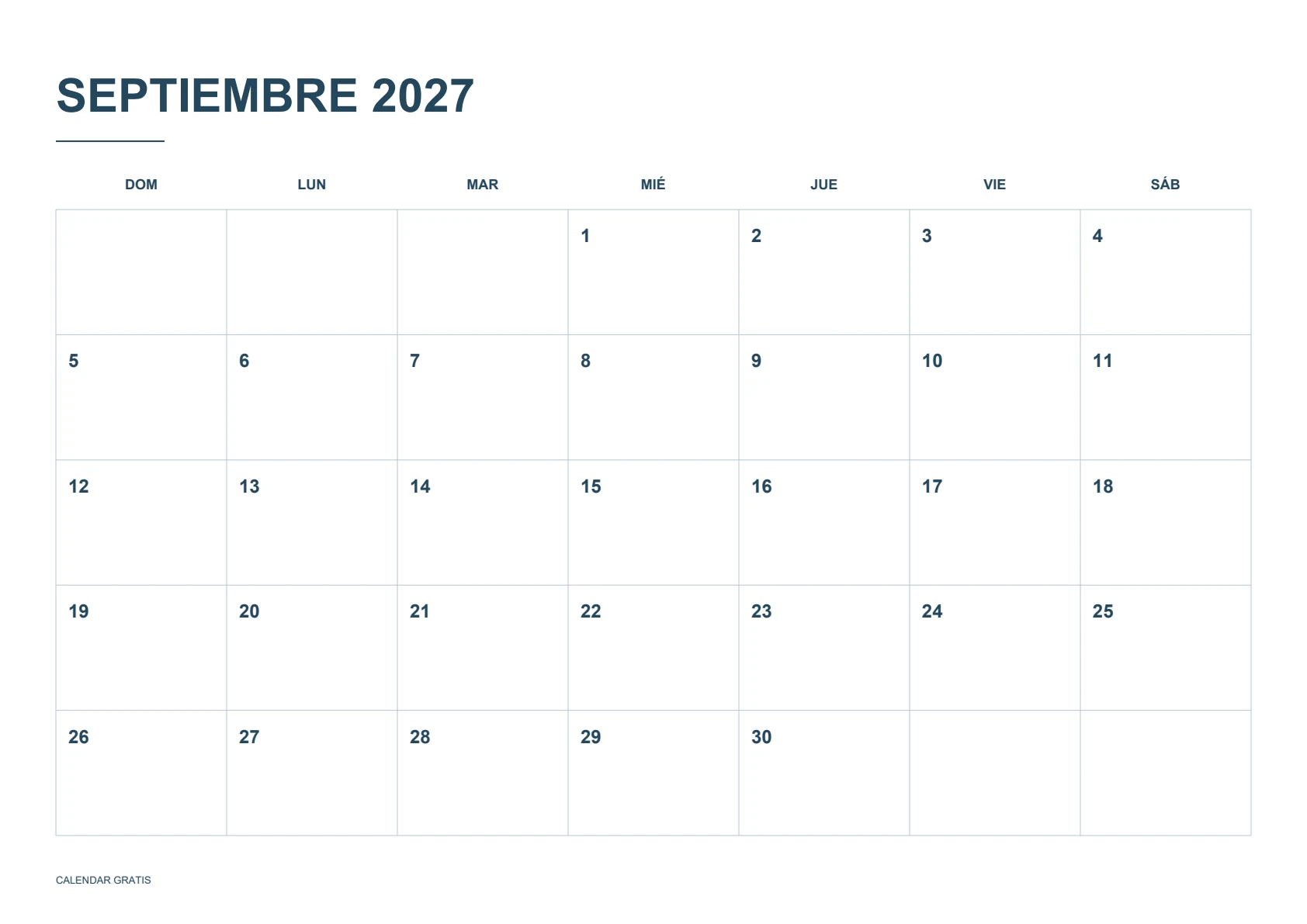 Calendario de septiembre de 2027, cuadrícula clásica, azul marino, A4 horizontal, inicio en domingo.