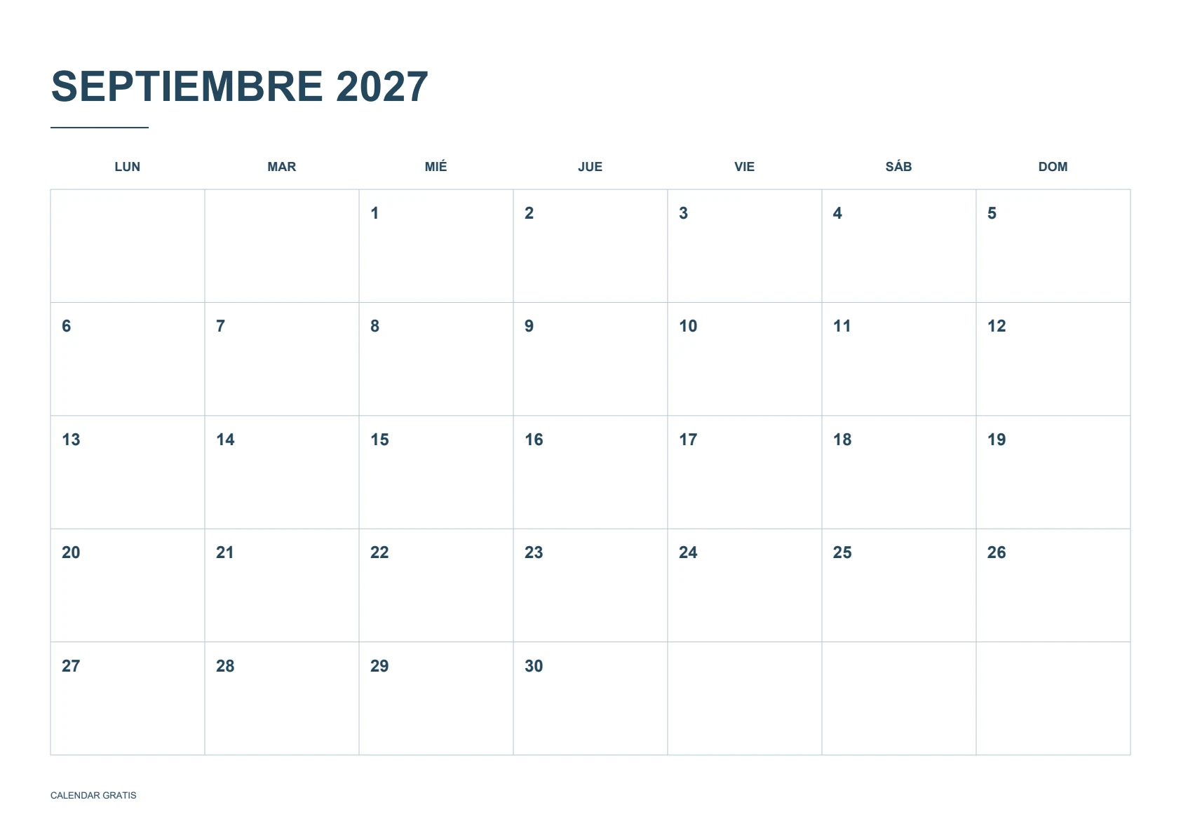Calendario de septiembre de 2027, cuadrícula clásica, azul marino, A4 horizontal, inicio en lunes.