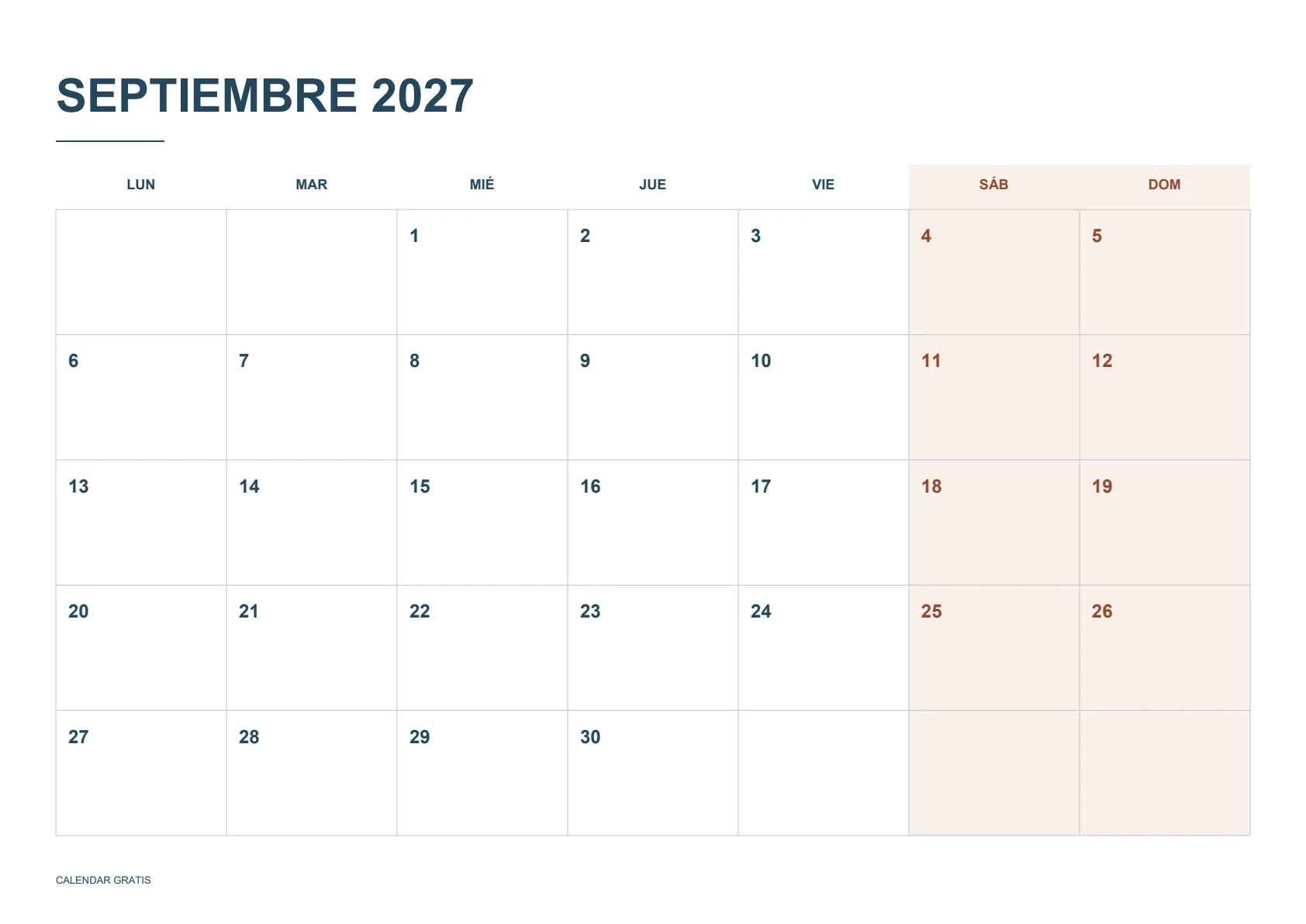 Calendario de septiembre de 2027, fines de semana destacados, azul marino con fines de semana en terracota, A4 horizontal, inicio en lunes.