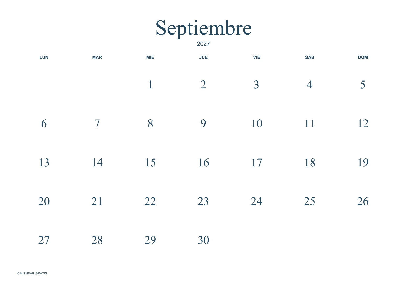 Calendario de septiembre de 2027, minimalista sin bordes, azul marino, A4 horizontal, inicio en lunes.