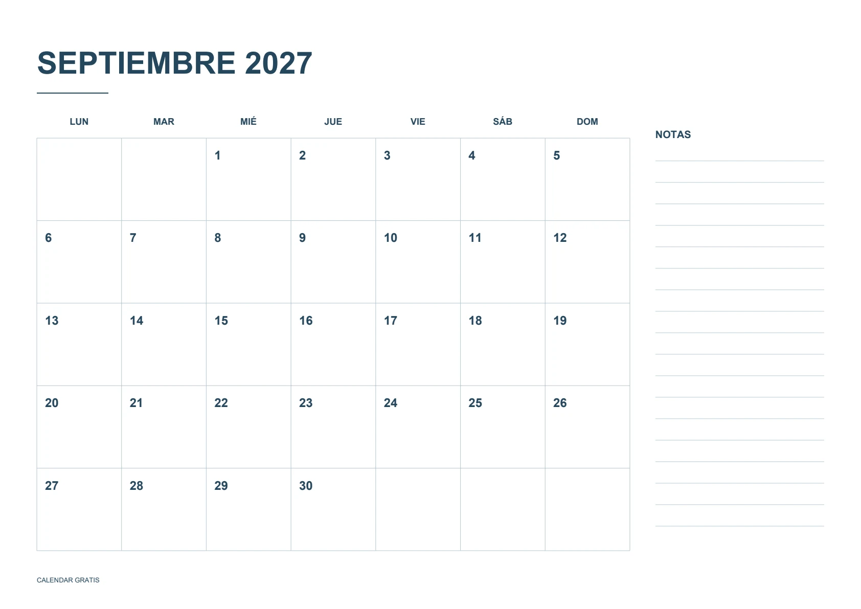 Calendario de septiembre de 2027, calendario con notas, azul marino, A4 horizontal, inicio en lunes.