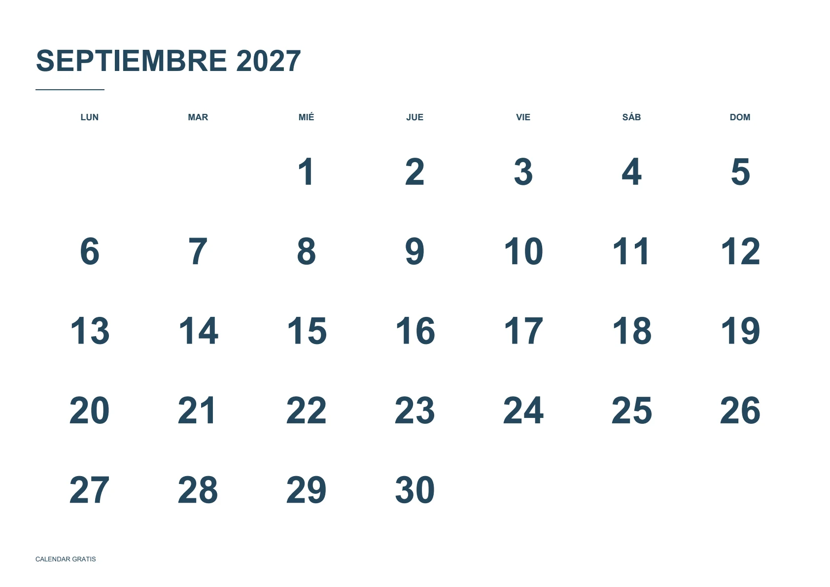 Calendario de septiembre de 2027, números grandes, azul marino, A4 horizontal, inicio en lunes.