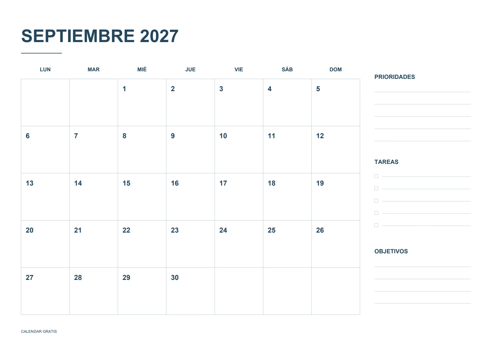Calendario de septiembre de 2027, planificador mensual, azul marino, A4 horizontal, inicio en lunes.
