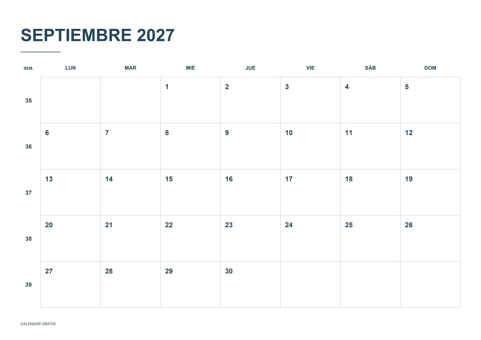 Calendario de septiembre de 2027, calendario con semanas numeradas, azul marino, A4 horizontal, inicio en lunes.